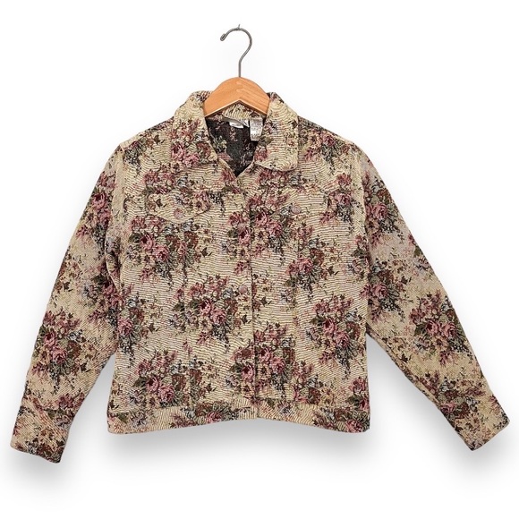 VINTAGE BILL BLASS FLORAL TAPESTRY JEAN JACKET - Picture 1 of 5